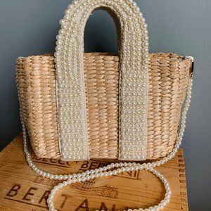 Straw Bag with Pearl Embellishment & Strap